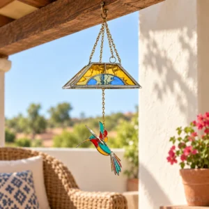 Lámpara de vidrio con colibrí colgada de una viga en una terraza luminosa con plantas.